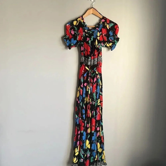 Rixo Target Floral Off Shoulder Puff Sleeve Dress Black Multicolor - Picture 3 of 8